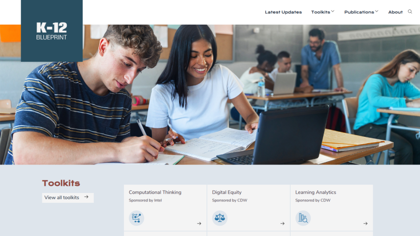 Homepage of K-12 Blueprint featuring students collaborating with tools and resources listed below.