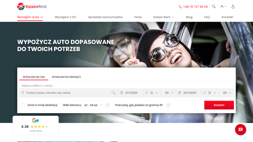 Car rental service homepage with search form and smiling people in a car, offering tailored car rentals