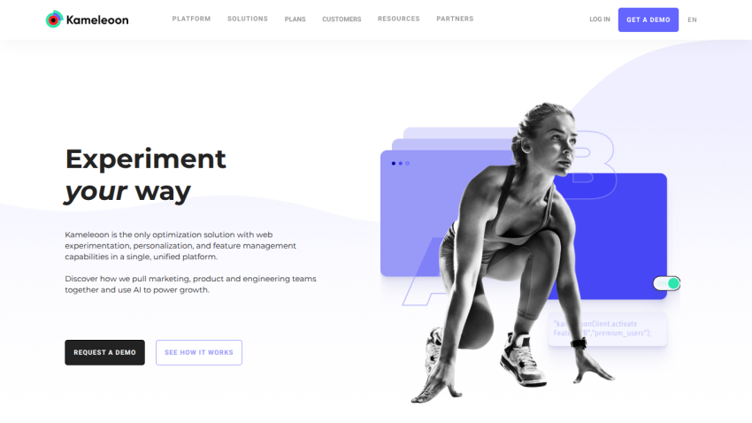 Homepage featuring a fitness model with the text 'Experiment your way' and navigation options.