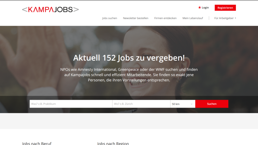 Job listing site with 152 jobs available, search bar, and navigation options.