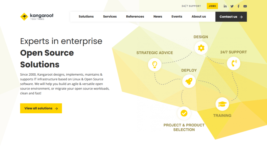 Kangaroot homepage with navigation and headline about enterprise open source solutions and a call to action button