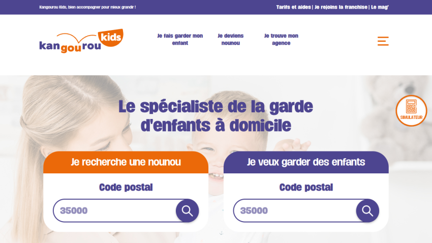 Homepage of Kangourou Kids offering home childcare services with search forms for finding or becoming a nanny by postal code