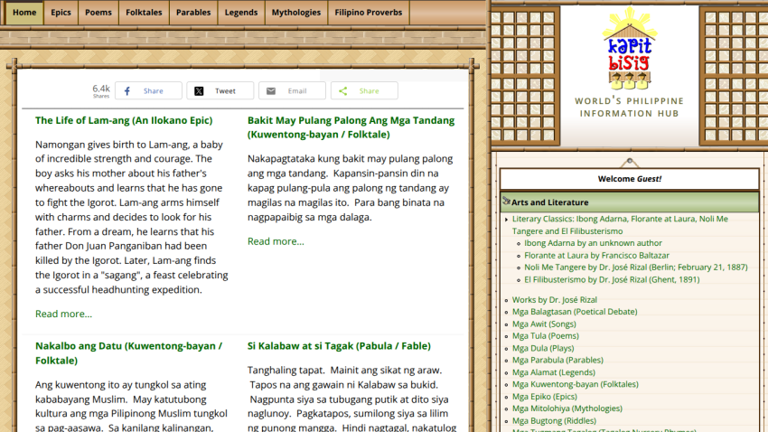 Homepage of Kapit Bisig, a Philippine information hub featuring epics, folktales, and literature links
