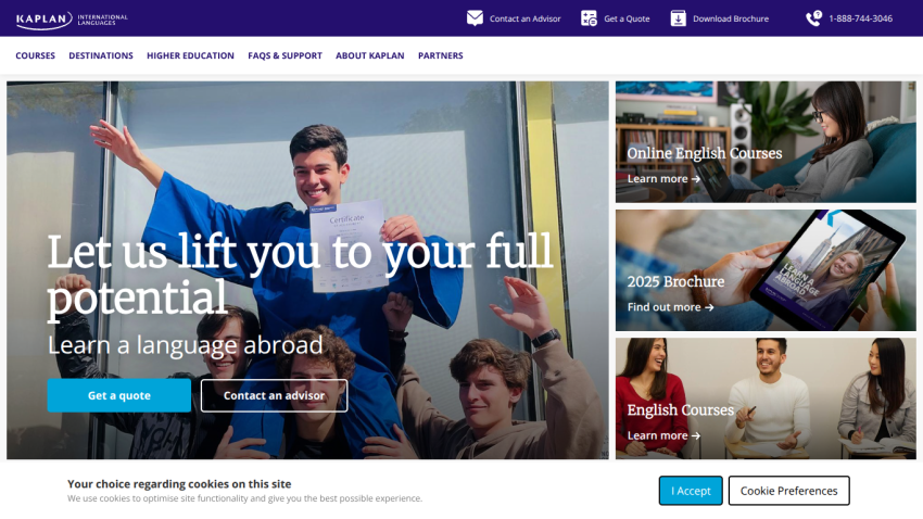 Homepage promoting language learning abroad with a call to action and images of students.
