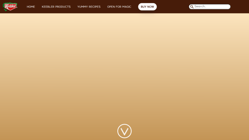 Keebler website header with navigation links, search bar, and a gradient hero background with scroll indicator
