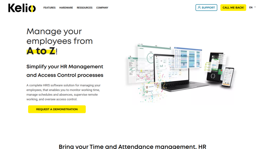 HR software homepage offering employee management and access control with a demo request button