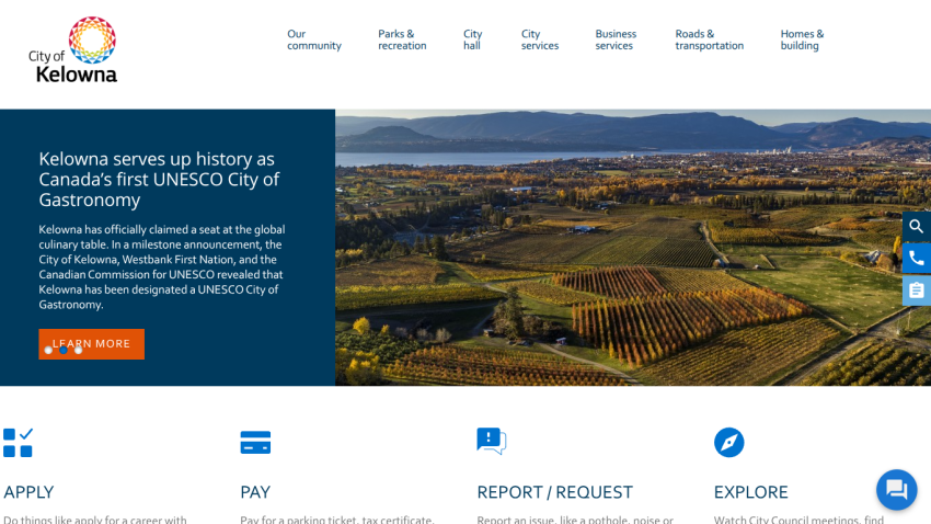 City of Kelowna official website highlighting its UNESCO City of Gastronomy status with navigation and scenic city image
