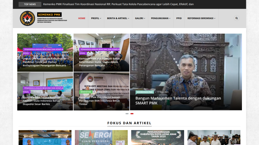 Kemenko PMK homepage with news articles on disaster management and a video on talent management support