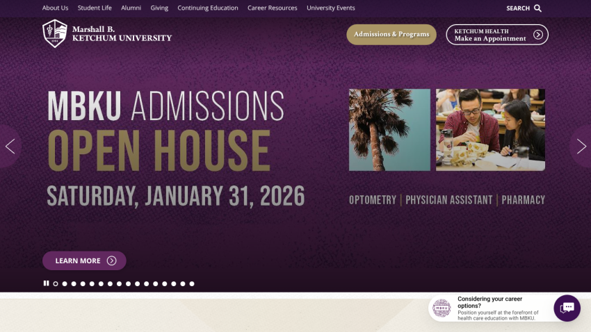 Marshall B. Ketchum University admissions open house on January 31, 2026, with links to optometry, physician assistant, and pharmacy programs