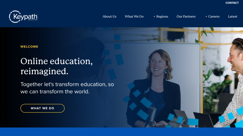 Keypath Education homepage with navigation and headline about reimagining online education and a call-to-action button.