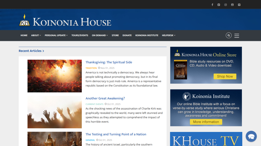 Koinonia House website with recent articles on spirituality and current events, plus links to online store and Bible institute