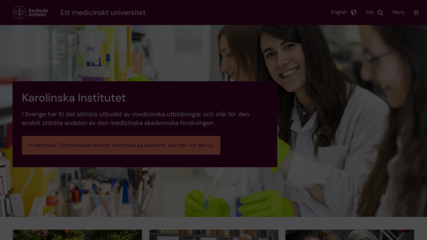 Karolinska Institutet homepage featuring a smiling student in a lab setting.