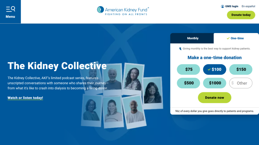 The Kidney Collective section promoting donations with options for amounts and a video link.