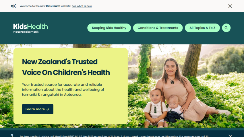 KidsHealth homepage with navigation and a hero section promoting trusted children's health information in New Zealand