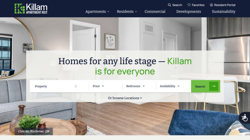 Killam Apartment REIT homepage with navigation menu and search bar over a modern apartment living room background