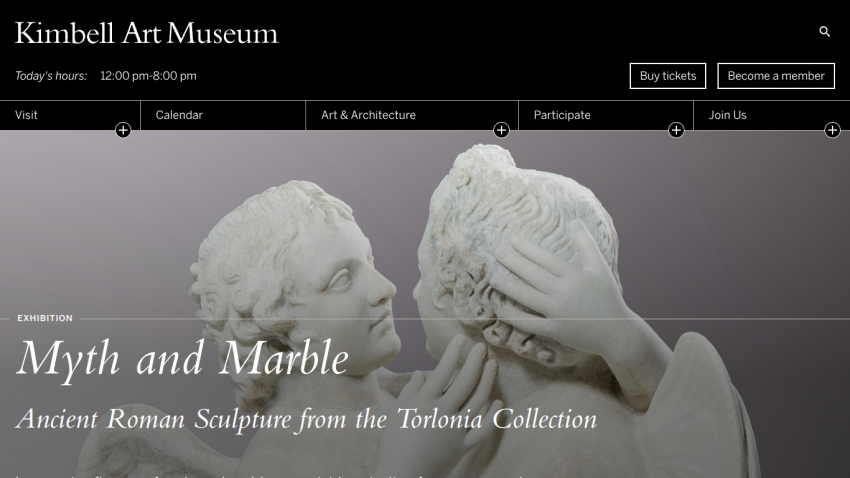 Kimbell Art Museum website showing Myth and Marble exhibition with ancient Roman sculptures and navigation menu