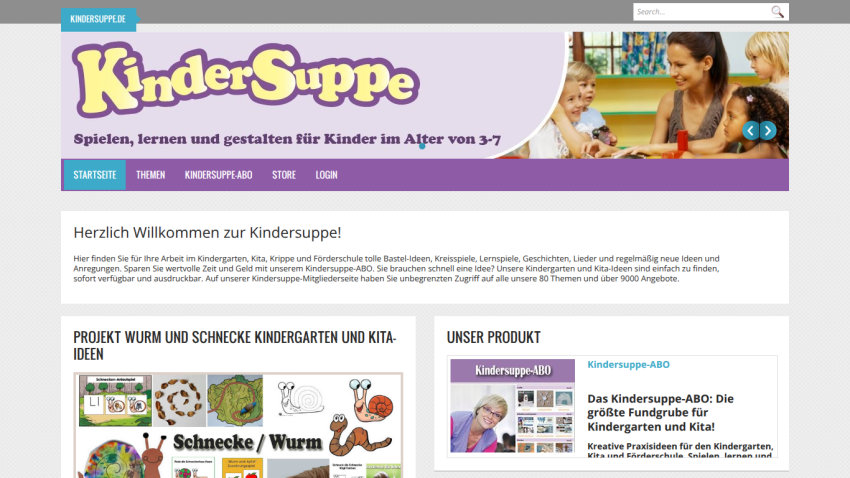 Homepage of KinderSuppe, welcoming users and showcasing educational resources for children.