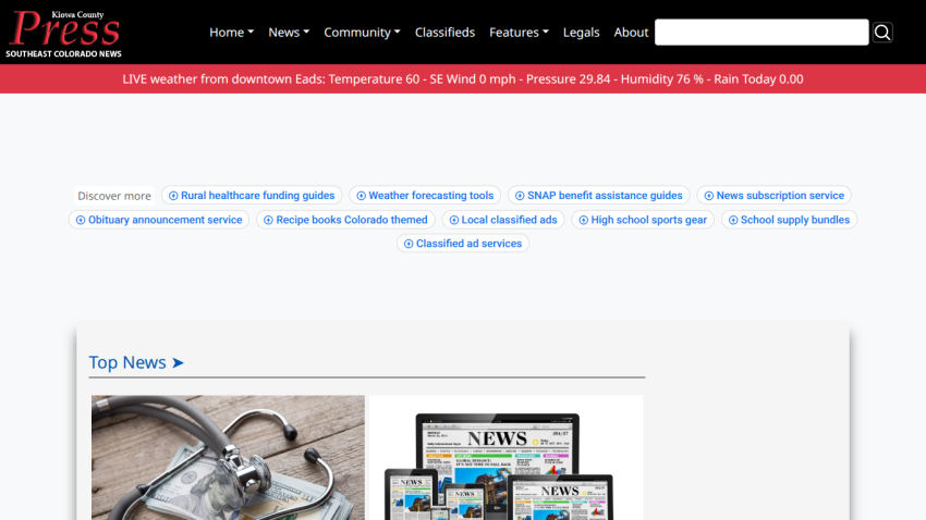 Kiowa County Press website with navigation menu, live weather update, and top news section featuring images