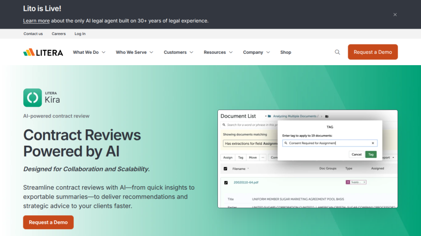 Litera Kira AI-powered contract review tool with collaboration and scalability features, offering quick insights and summaries