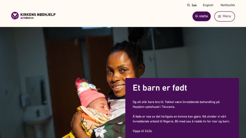 Charity website hero showing a mother holding a newborn baby with text about life-saving treatment in Tanzania and call to support