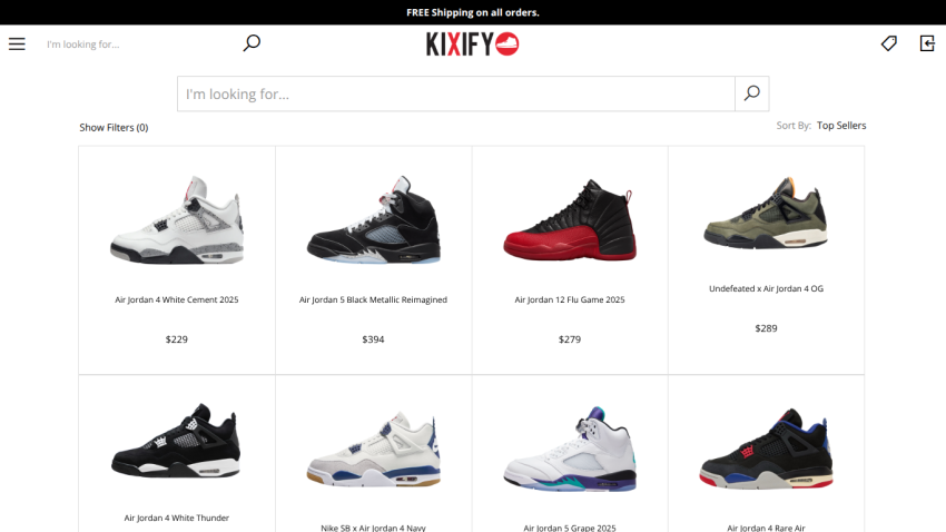 Grid of sneaker products with prices and search bar at the top.