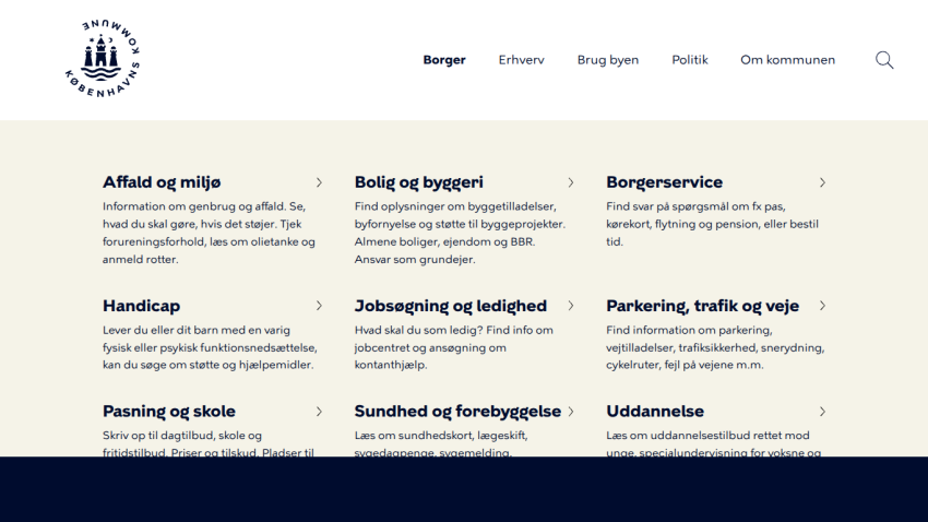 Website section displaying various citizen services and information categories.