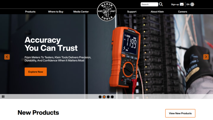 Homepage featuring a multimeter with the tagline 'Accuracy You Can Trust'.