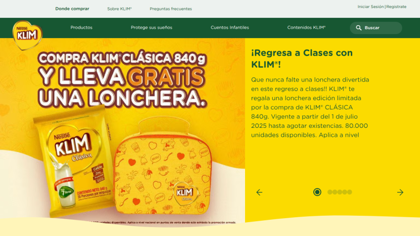 Promotion for Nestlé KLIM Clásica 840g with free lunchbox offer for back to school, product image and details visible