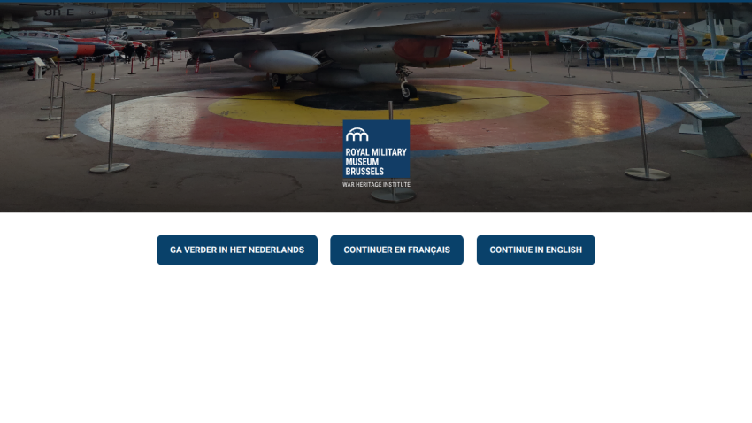 Royal Military Museum Brussels homepage with language selection buttons and aircraft exhibit background