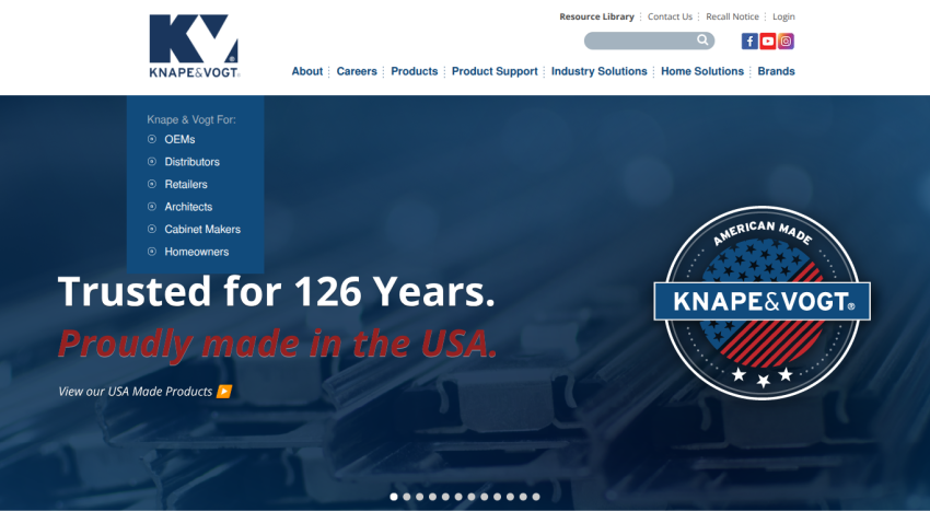 Homepage of Knape & Vogt featuring a trust statement and logo.