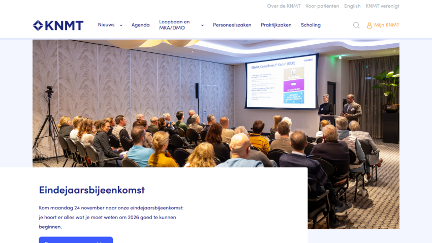 KNMT website showing an event announcement with a photo of a conference room and attendees listening to a presentation