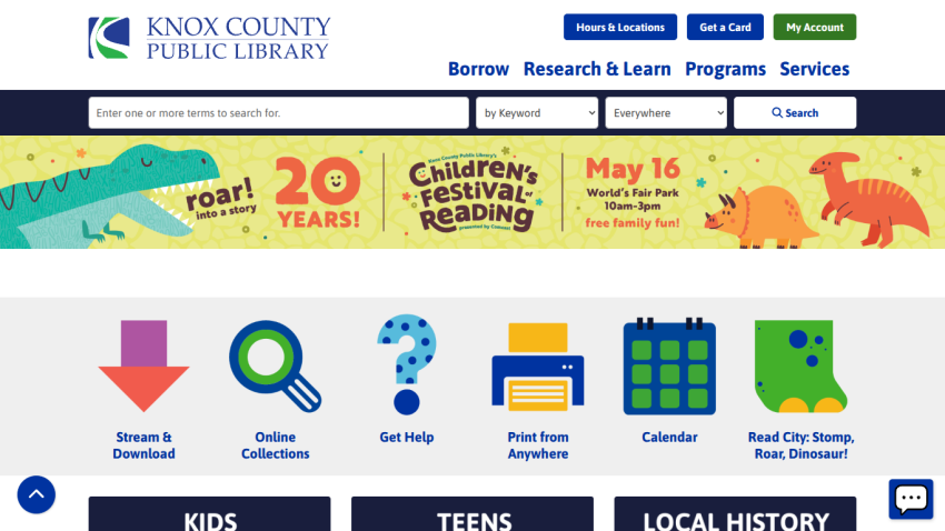 Knox County Public Library homepage featuring navigation and promotional banner for children's reading events.