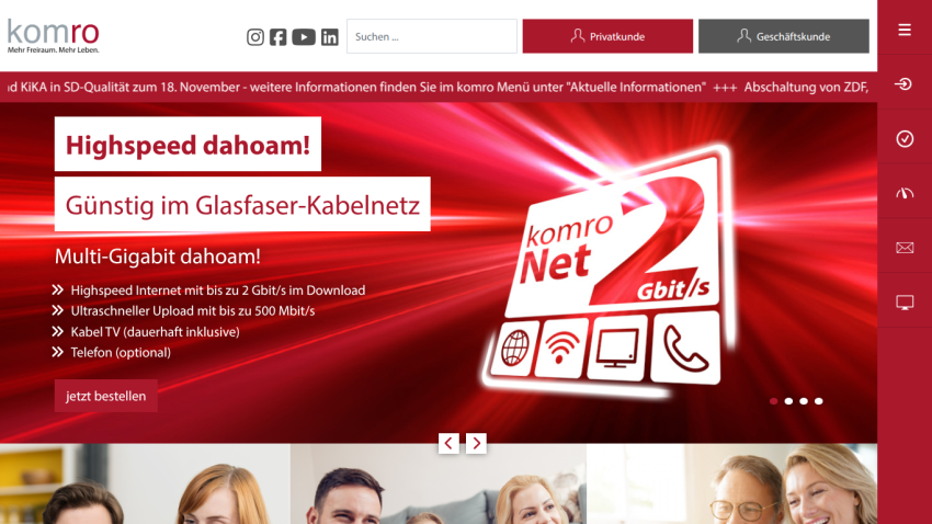 Komro homepage with promotion for high-speed fiber optic internet and multi-gigabit offers
