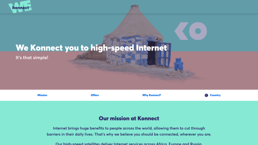 Konnekt homepage offering high-speed Internet with mission statement and navigation links