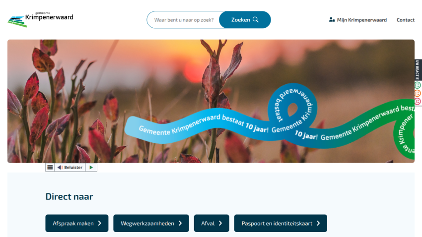 Municipality Krimpenerwaard website with search bar, hero image celebrating 10 years, and quick links for appointments, roadworks, waste, and ID cards