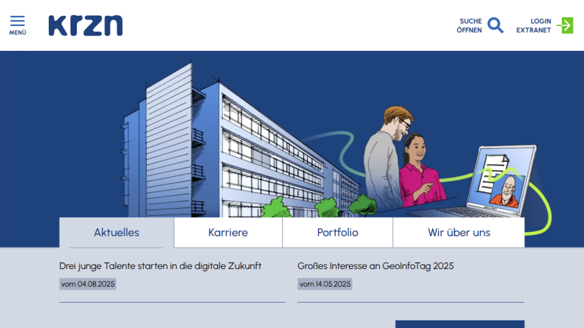 Website header with navigation and illustration promoting digital talent and career opportunities.