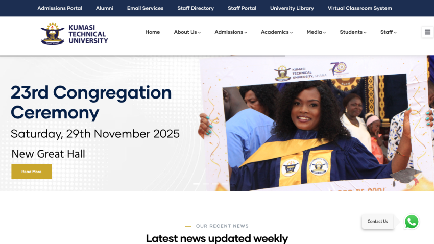 Kumasi Technical University homepage featuring 23rd Congregation Ceremony on 29th November 2025 at New Great Hall