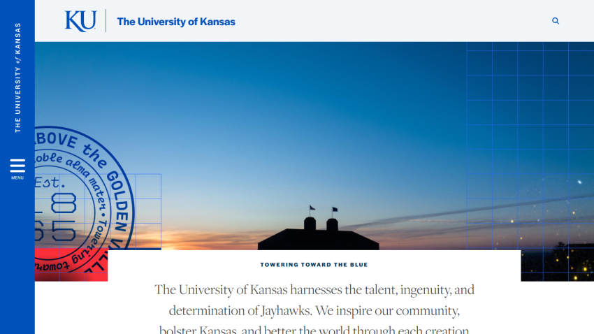 Homepage of the University of Kansas featuring a scenic background and introductory text.