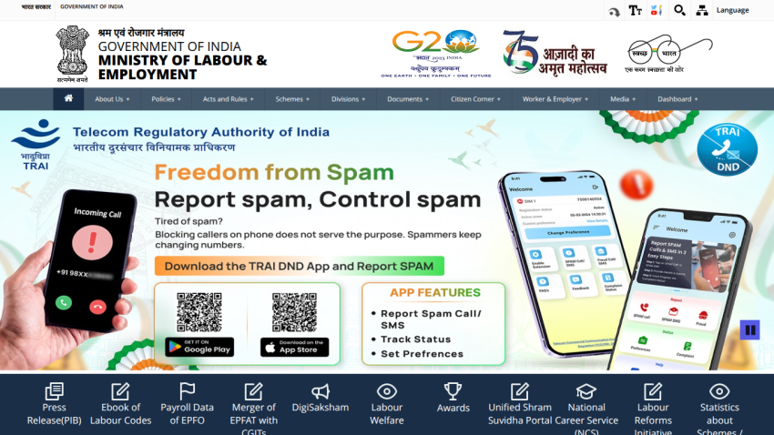 Ministry of Labour & Employment website featuring spam reporting app and key information.