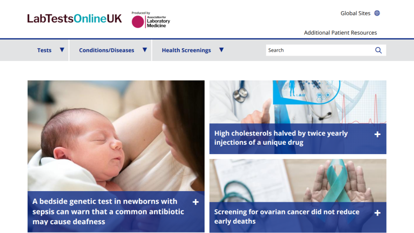 LabTestsOnlineUK homepage with navigation, search bar, and articles on newborn genetic tests, cholesterol, and ovarian cancer screening