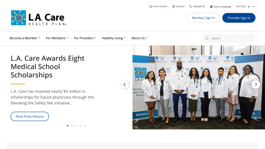 L.A. Care Health Plan homepage featuring scholarship announcement and group of medical students.