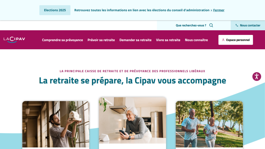 Cipav retirement fund homepage with navigation and headline about retirement preparation, featuring images of people in various life stages.