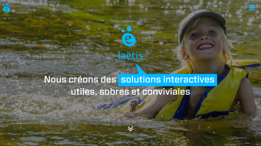 Laëtis website with a smiling child in water and text about creating useful, sober, and friendly interactive solutions