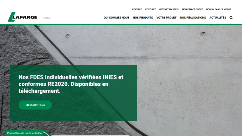 Lafarge France website header with navigation and hero section promoting verified FDES compliant with RE2020 available for download