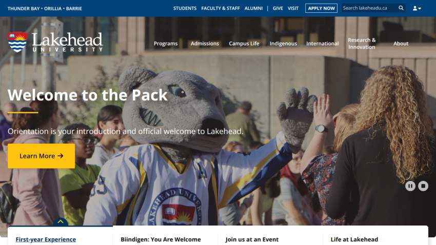 Lakehead University homepage featuring a welcoming message and mascot.