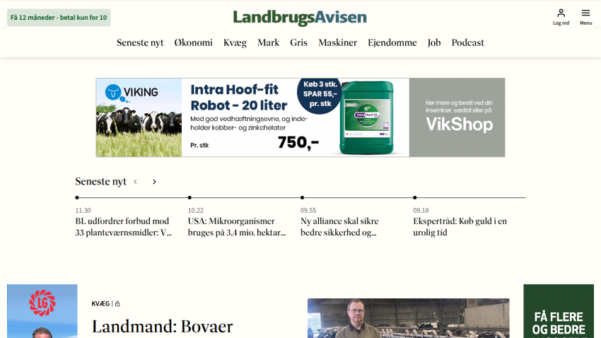 Danish agricultural news site LandbrugsAvisen with navigation, latest news timeline, and product ad for Intra Hoof-fit Robot