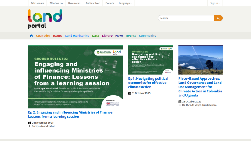 Land Portal homepage featuring news articles on financing ministries of finance and land management in Colombia and Africa