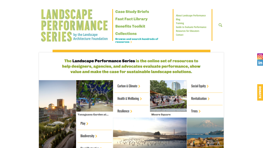 Landscape Performance Series homepage featuring resources for sustainable landscape solutions.