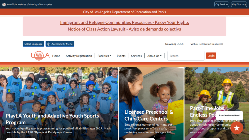 City of Los Angeles Recreation and Parks homepage featuring youth programs and resources.