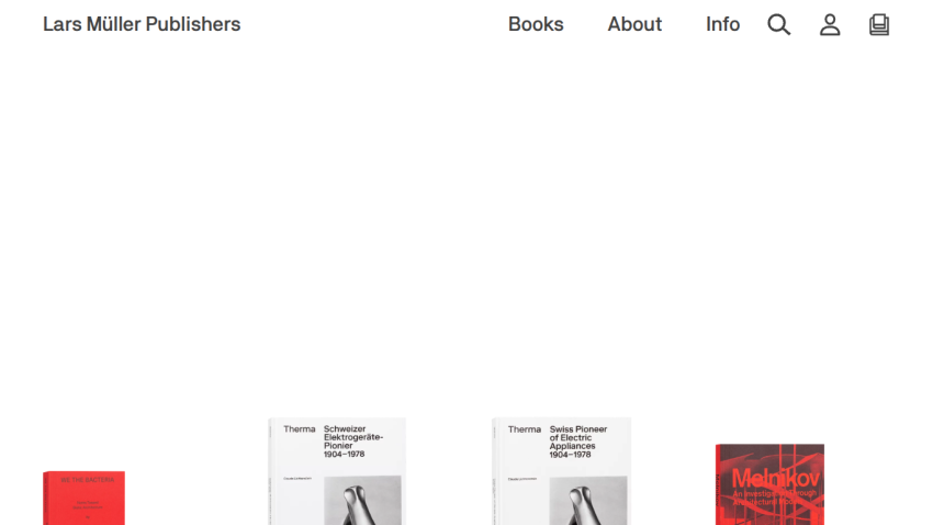 Lars Müller Publishers homepage with navigation links and featured books displayed in the hero section